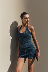 Meadow Denim Corset Halter Top - Dark Blue